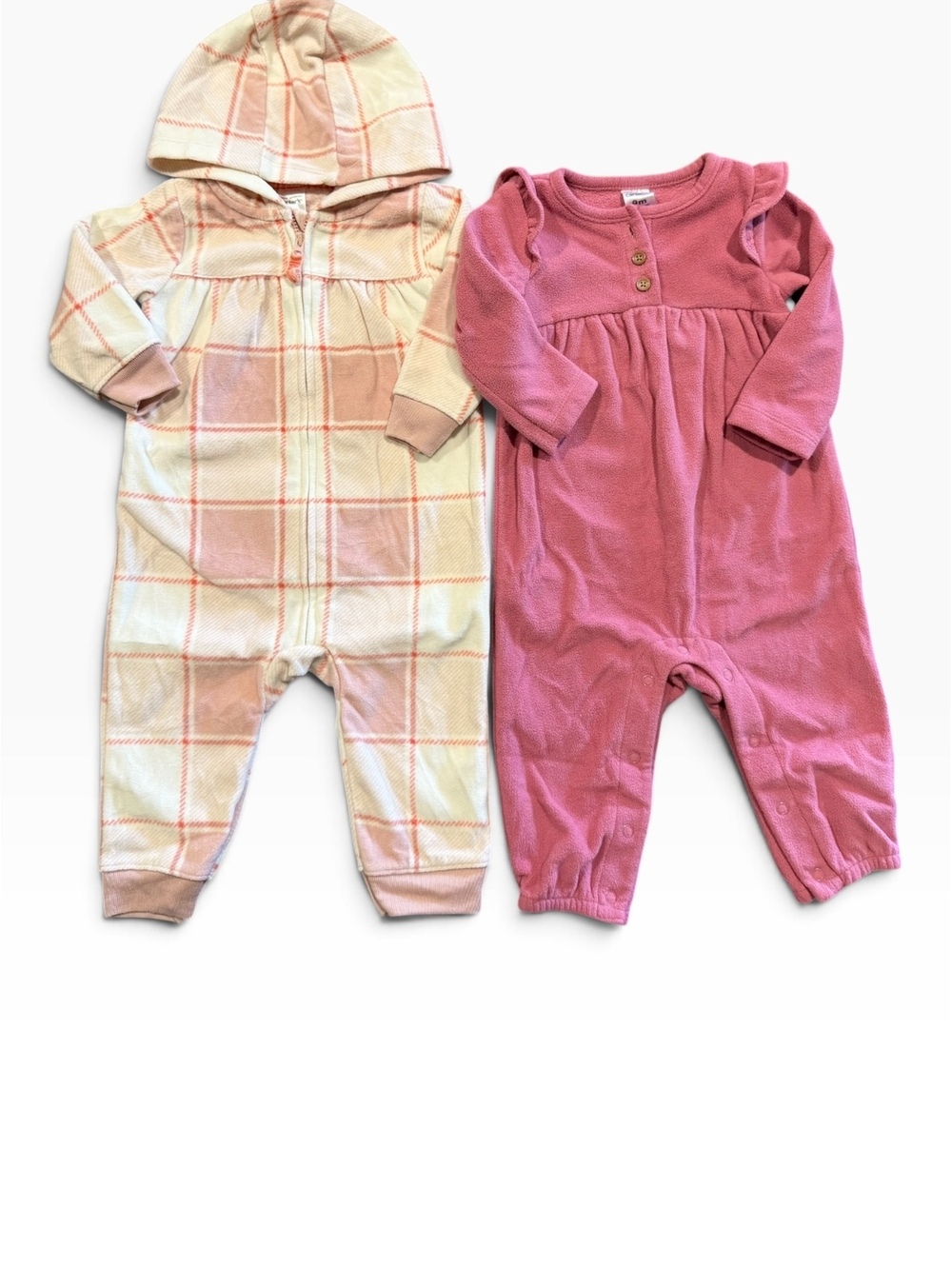 Carter's Baby Girl 9 Months Hooded Fleece Romper and Pink Long Sleeve Romper Set